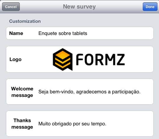 Formz Configurações da Pesquisa