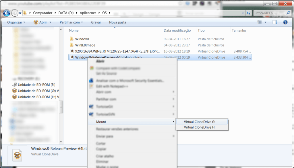 Virtual Clone Drive contexto do Windows Explorer
