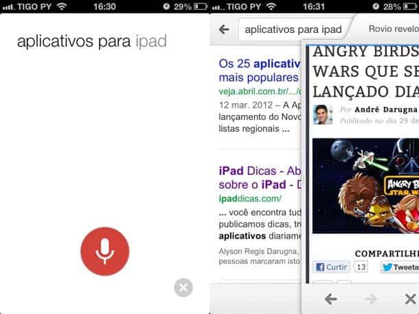 Resultado em português da busca por voz