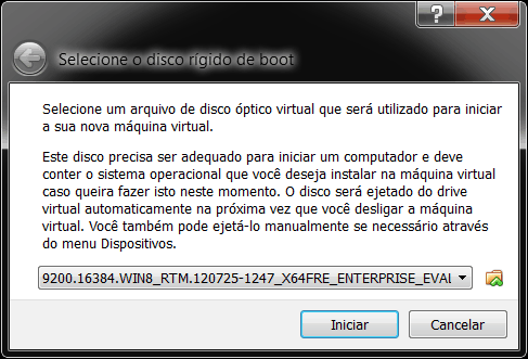 Windows 8 no Virtual Box ficheiro ISO