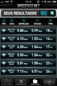 Speed Test - lista de resultados