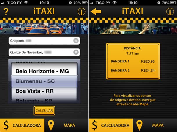 Pesquisa de preço de táxi no aplicativo iTaxi para iPhone.