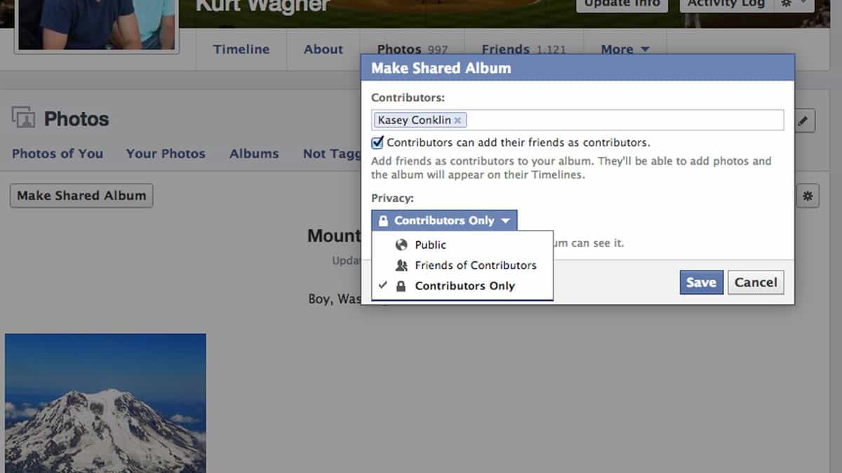 álbum de compartilhamento no facebook configurações