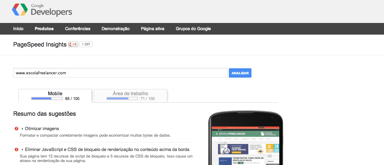 verificar a velocidade PageSpeed Insights
