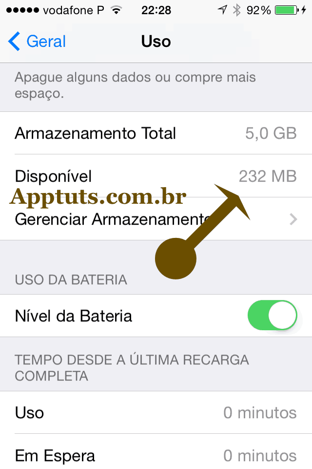 Espaço ocupado no iPhone