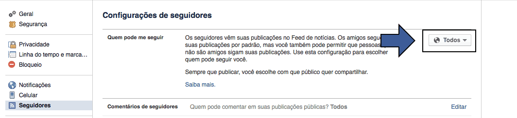 Seguir no Facebook Retirar a opção