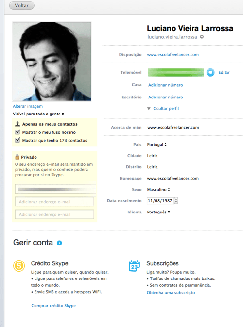 começar a usar o Skype edição do perfil