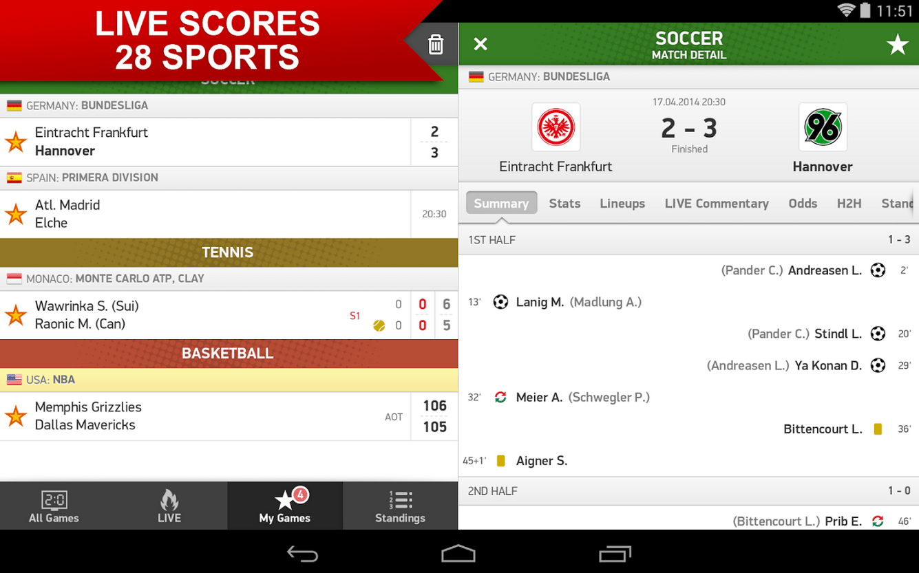 resultados no Android LiveScore