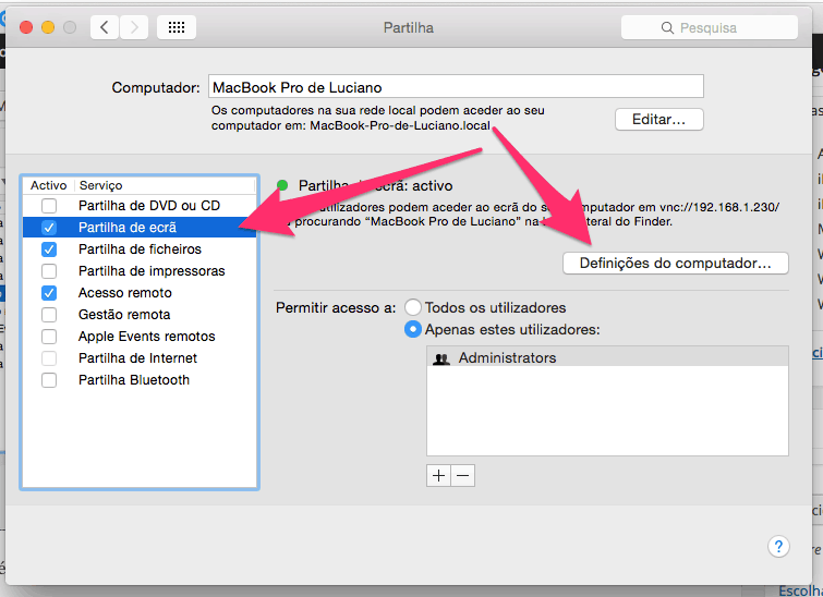 Definições do computadorno Mac