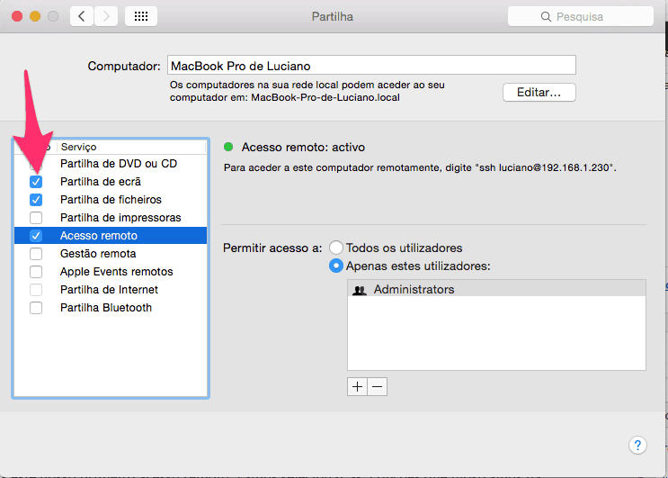 Selecionar opções de partilha no Mac