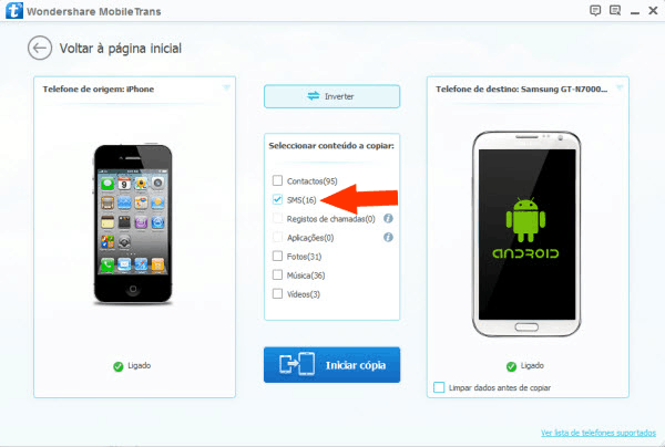 transferir mensagens do Android para o iPhone segundo passo seleção