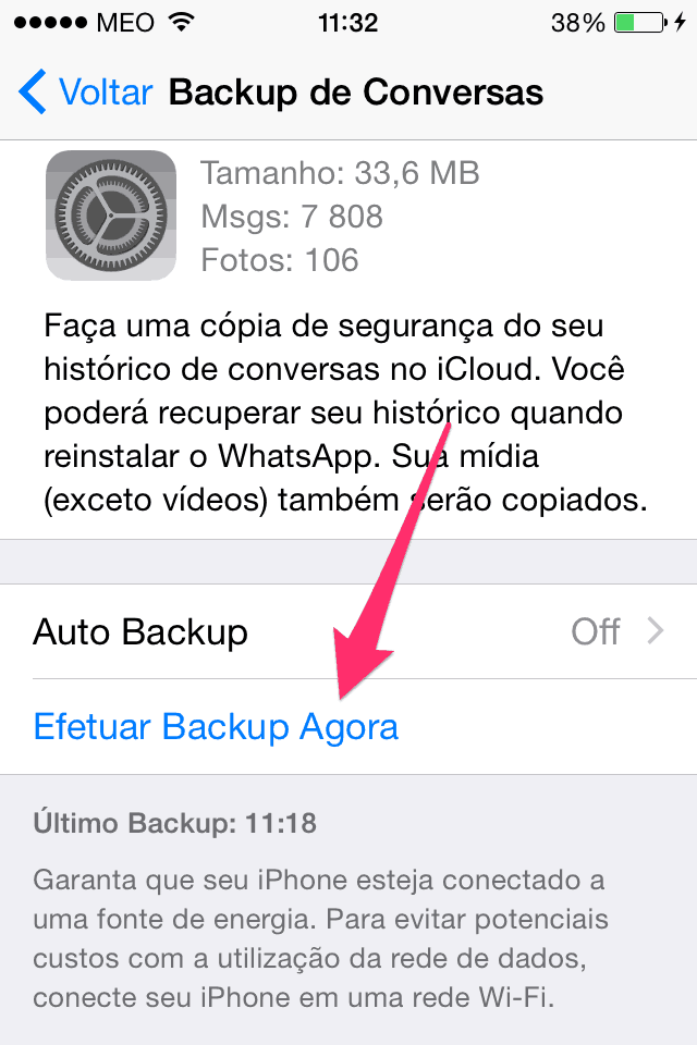 efeturar Backup agora no Whatsapp