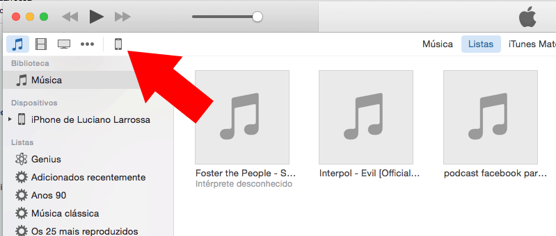 selecionando o iPhone no iTunes