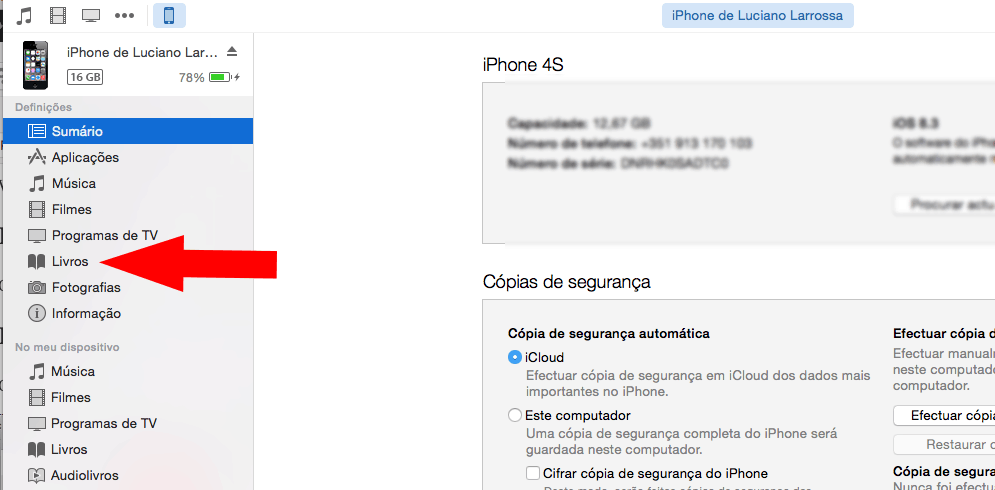 selecionar a opção Livros no iTunes