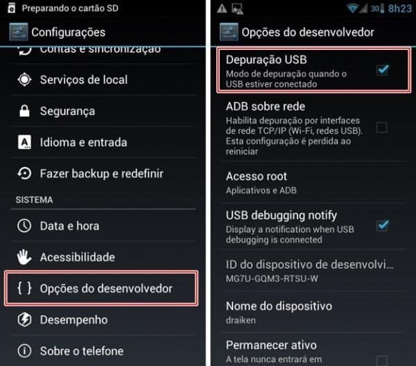 depuração no backup do Android
