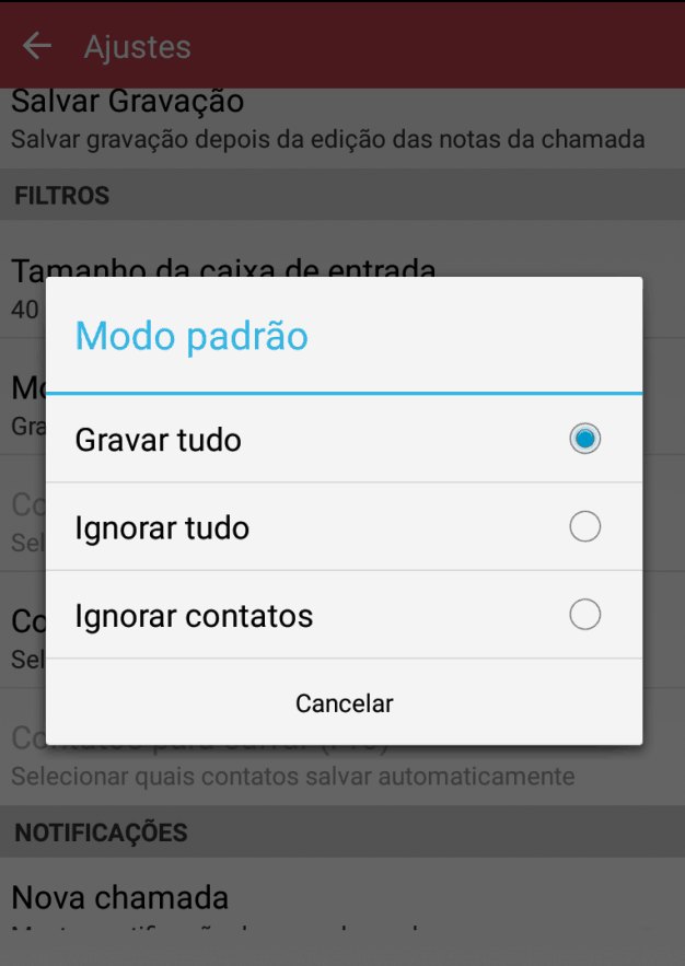 gravar áudio de ligações inicio