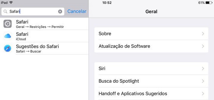 pesquisar em ajustes ios 9
