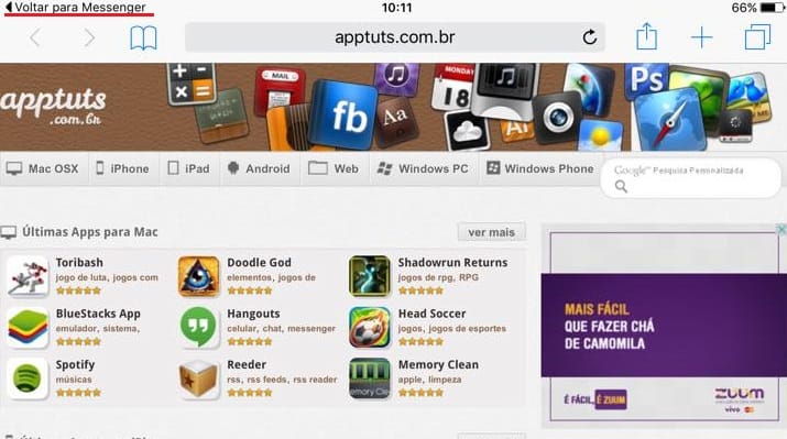 voltar para um app ios 9