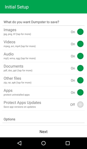 Dumpsters interface to recover deleted files on android