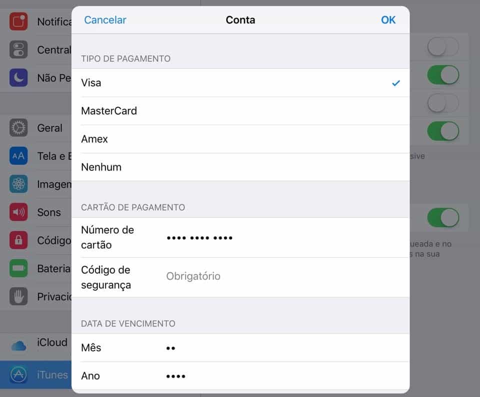 criar uma ID Apple cartão de crédito iPhone