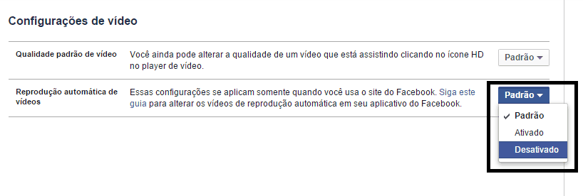 desativar vídeos do facebook