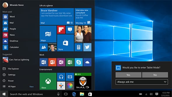 windows 10 screen with start menu and tablet mode open