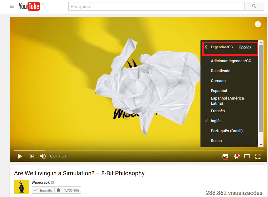 legendas do youtube