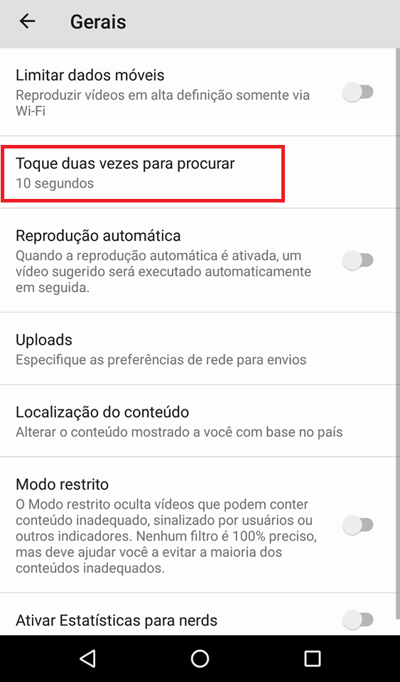 configurações do youtube