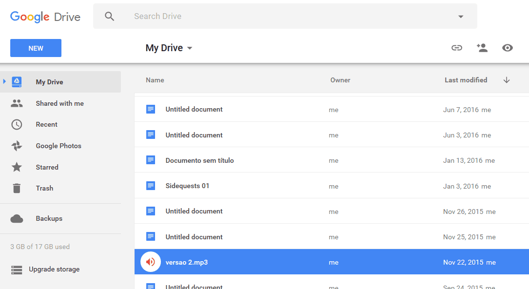 The file list on Google Drive