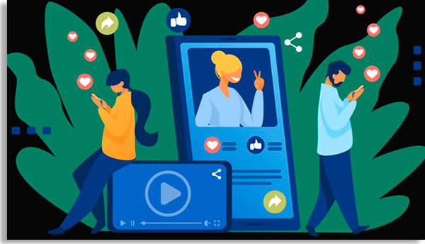 ilustração mostrando alguém na tela de um celular, com duas pessoas do lado de fora olhando para seus próprios telefones