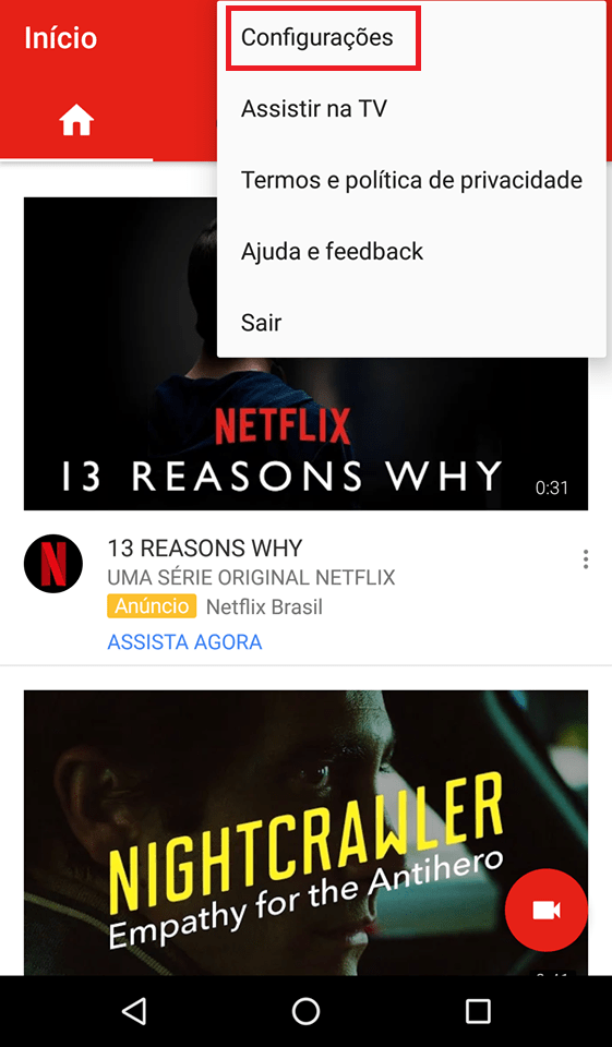 youtube opções