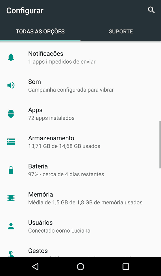 configurações android