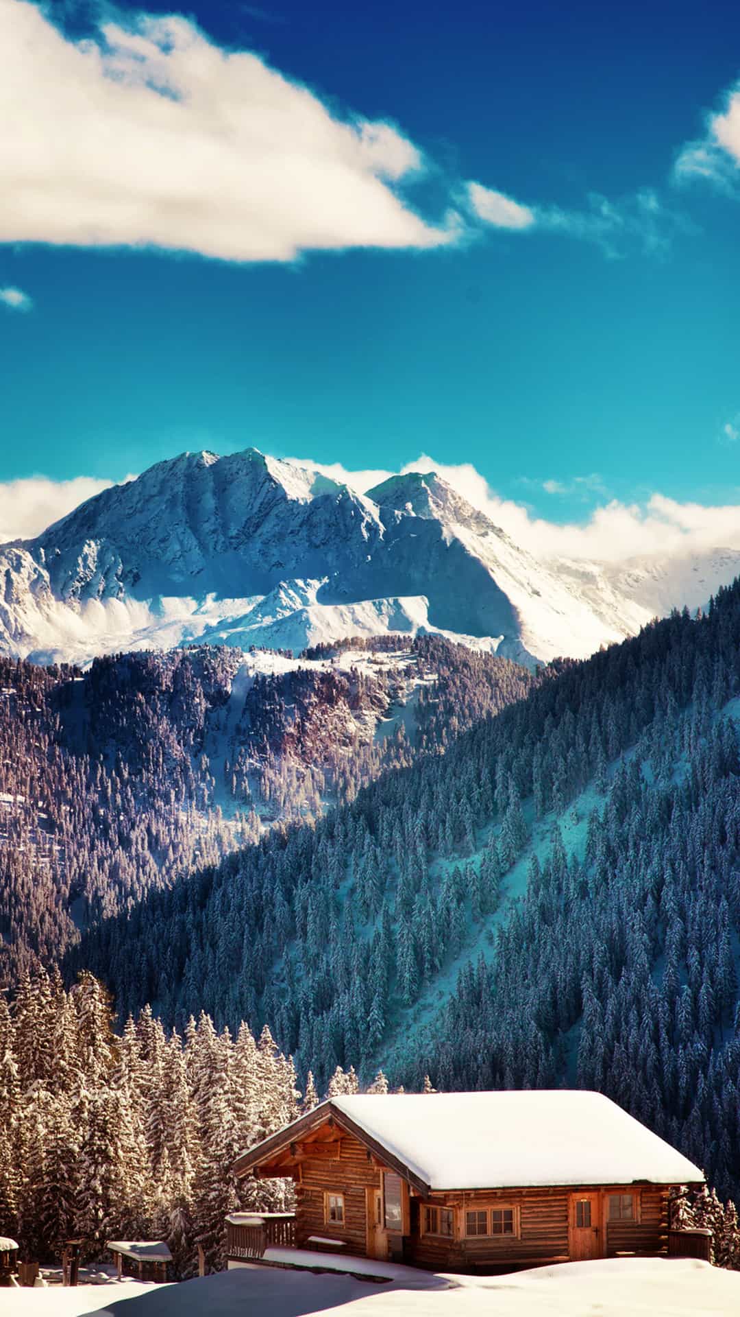 Mountains Chalet Blue Sky Android Wallpaper