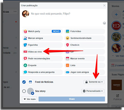 publicar live do instagram no facebook privacidade