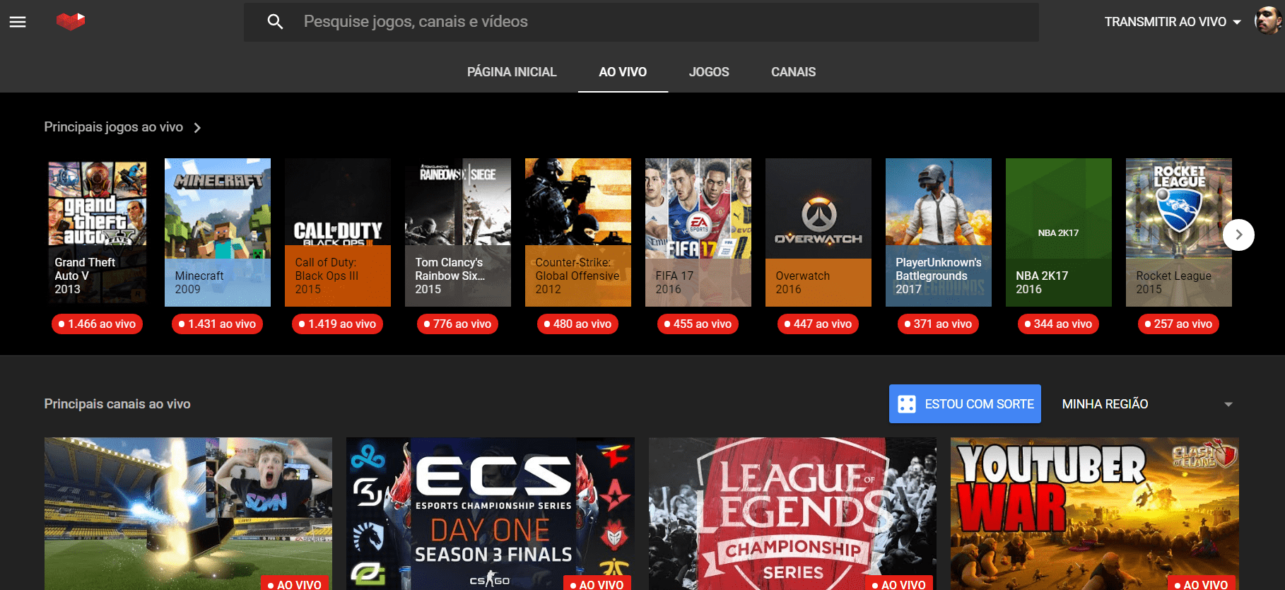tela inicial com destaques do youtube gaming