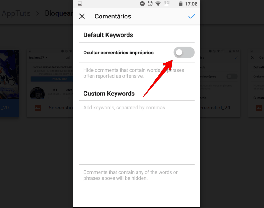bloquear comentários ofensivos no instagram ativar