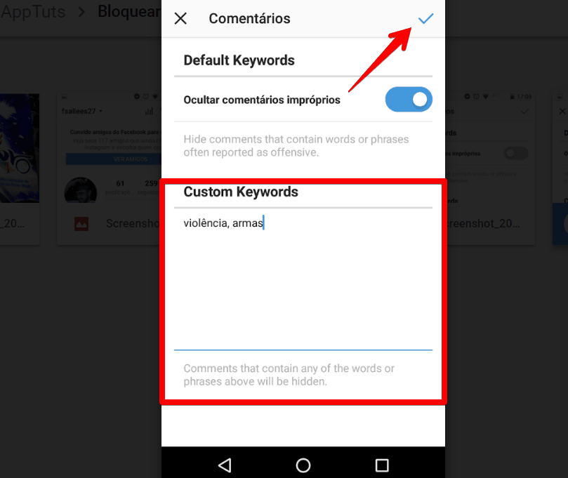 bloquear comentários ofensivos no instagram confirmar