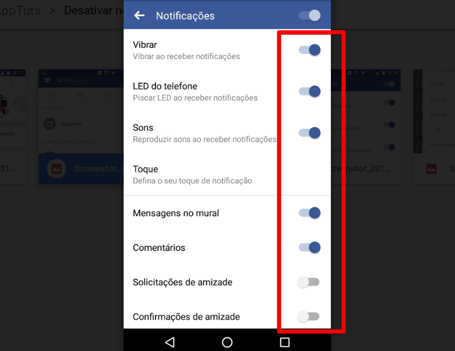desativar notificações do Facebook menu