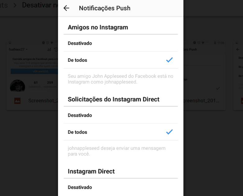 desativar notificações no instagram