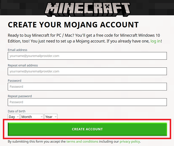 criar conta minecraft