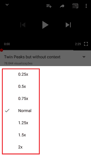 alterar a velocidade dos videos do youtube escolher