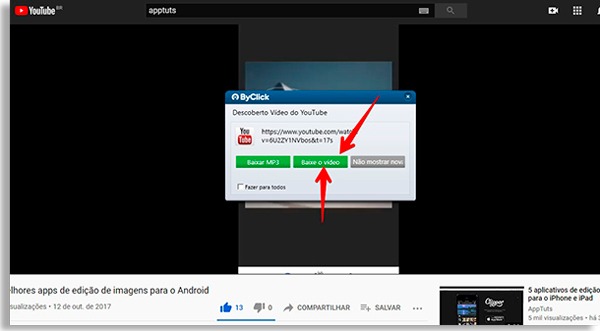 tela do navegador de um vídeo do facebook sobreposta pelo byclick downloader, com setas vermelhas apontando para um botão verde com o dizer "baixar vídeo"