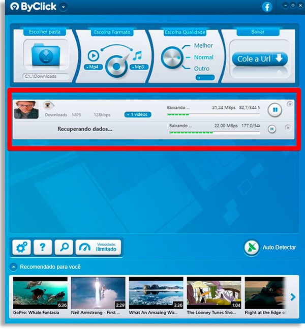 tela do byclick downloader mostrando progresso do download