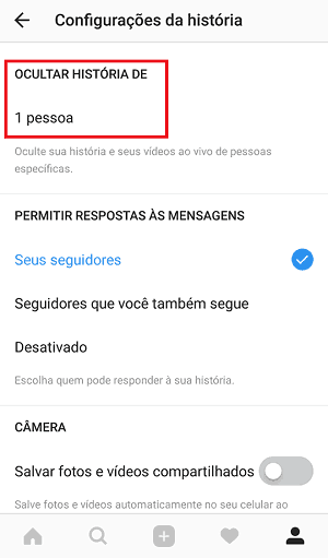 configurações de história