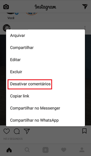 instagram desativar comentários