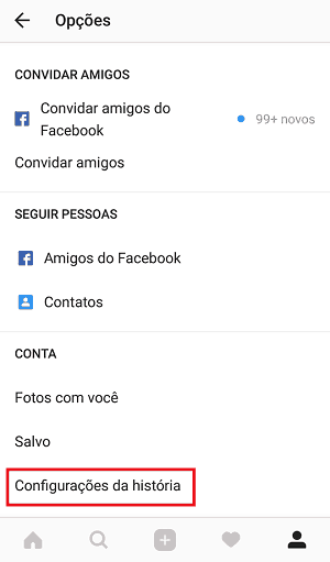 opções do instagram