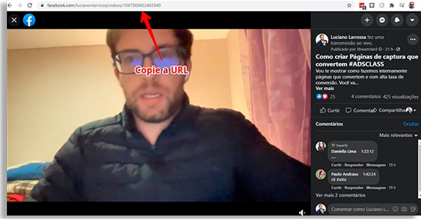 tela do navegador mostrando vídeo do facebook, com seta vermelha apontando para o endereço e com os dizeres "copiar a url"