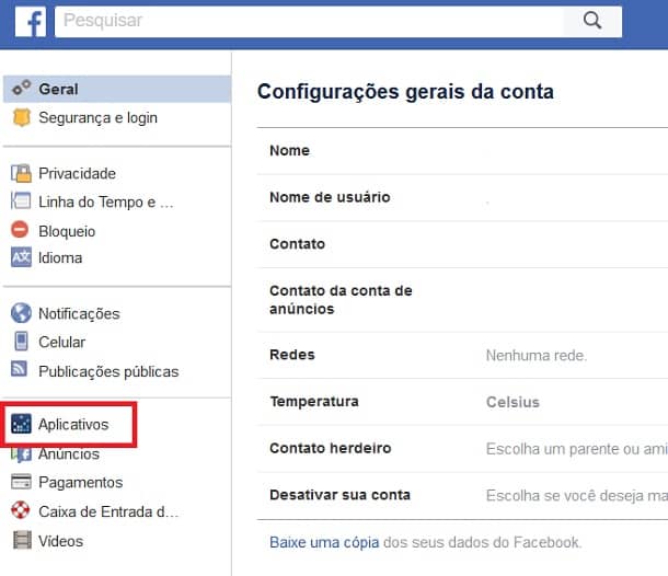 configurações do facebook