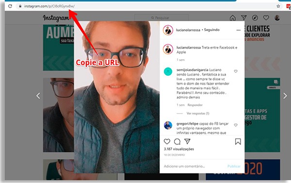 tela do navegador mostrando vídeo do instagram, com seta vermelha apontando para o endereço e com os dizeres "copiar a url"