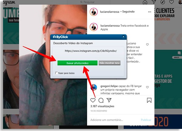 tela do instagram sobreposta por um popup do byclick downloader e setas vermelhas apontando para botão verde dizendo "baixar photo/vídeo"